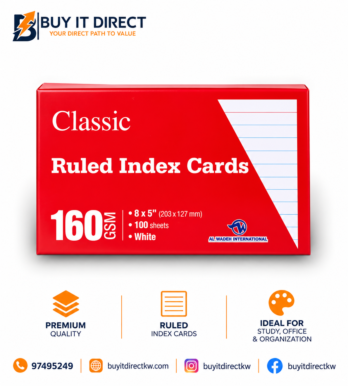 Ruled Index Cards 8 x 5 Inches 160 GSM White 100 Sheets