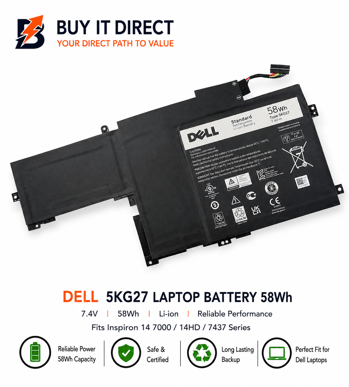 بطارية لابتوب ديل 5KG27 بسعة 58 واط ساعة متوافقة مع Inspiron 14 7000 و14HD و7437