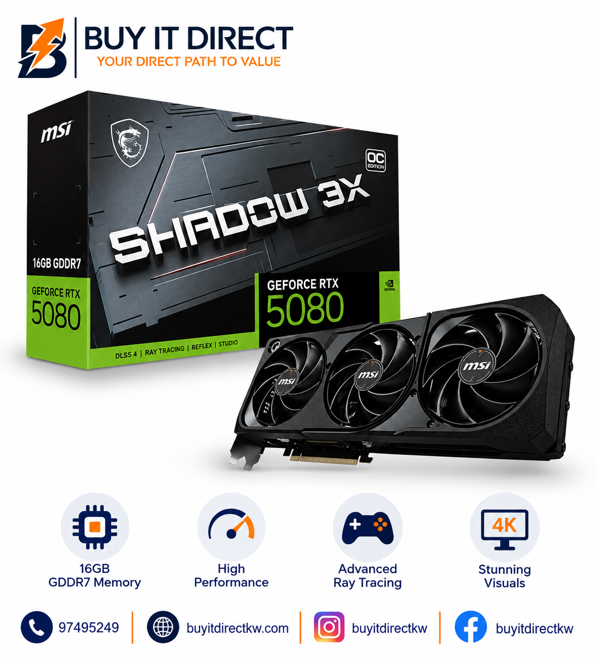 بطاقة رسومات MSI GeForce RTX 5080 SHADOW 3X OC سعة 16 جيجابايت