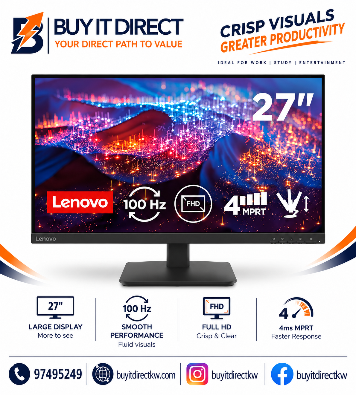 شاشة Lenovo L27-4e مقاس 27 بوصة بدقة Full HD ولوحة IPS وتردد 100 هرتز وزمن استجابة 4 مللي ثانية مع HDMI وVGA