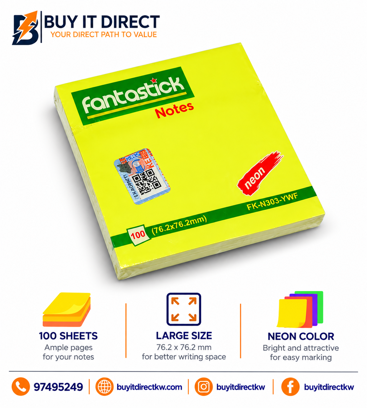 Fantastick Sticky Notes Neon Yellow 76.2 x 76.2 mm 100 Sheets
