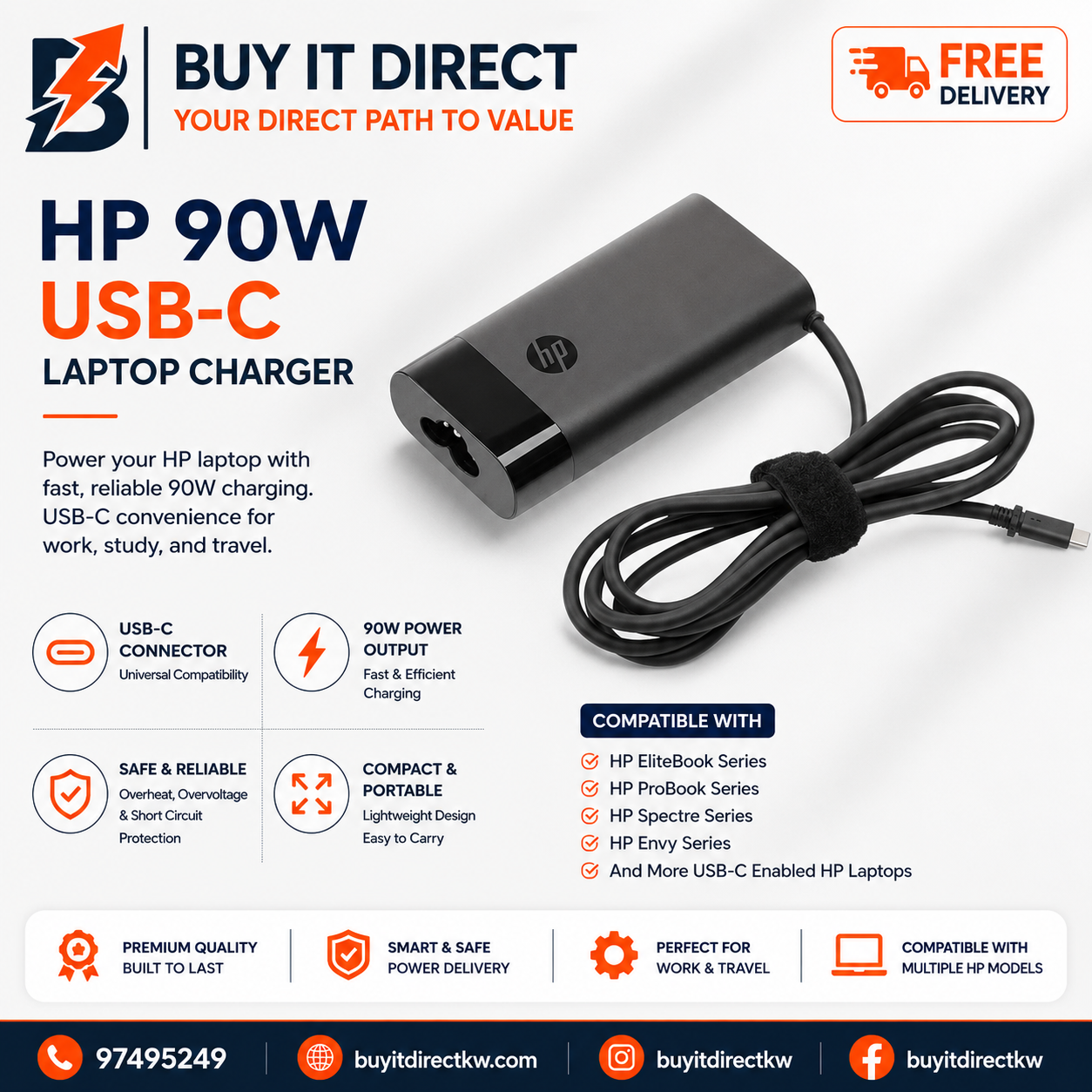 HP 90W USB-C Type-C Laptop Charger with Power Cable