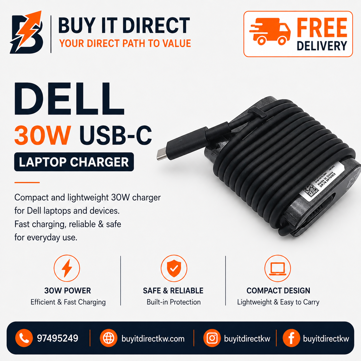 شاحن لابتوب Dell بقوة 30 واط USB-C Type-C مع كابل طاقة