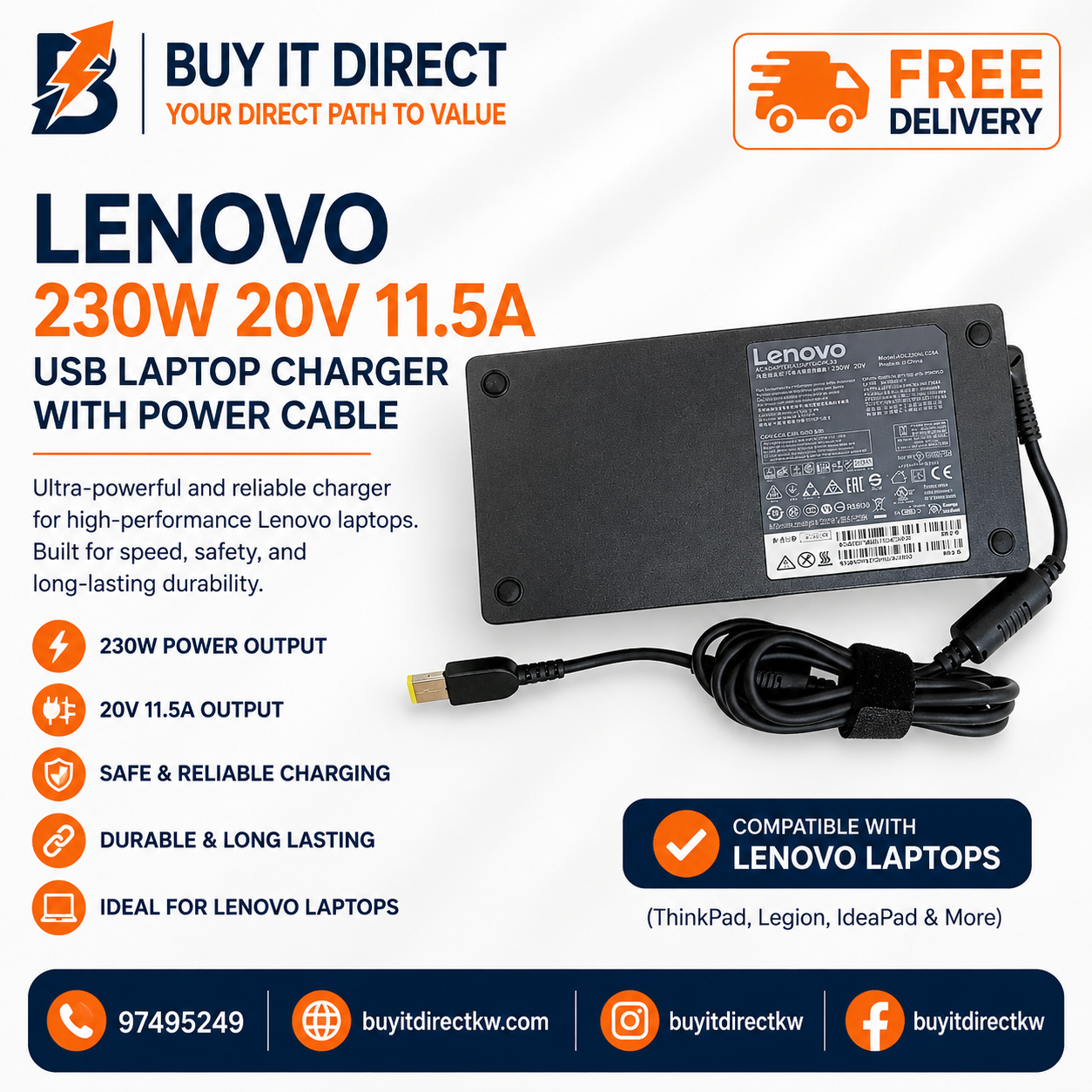شاحن لابتوب Lenovo بقوة 230 واط 20 فولت 11.5 أمبير USB مع كابل طاقة