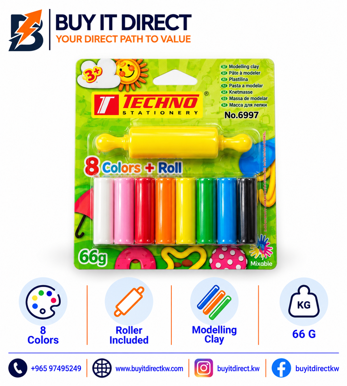 Techno Modelling Clay 8 Colours + Roller 66g